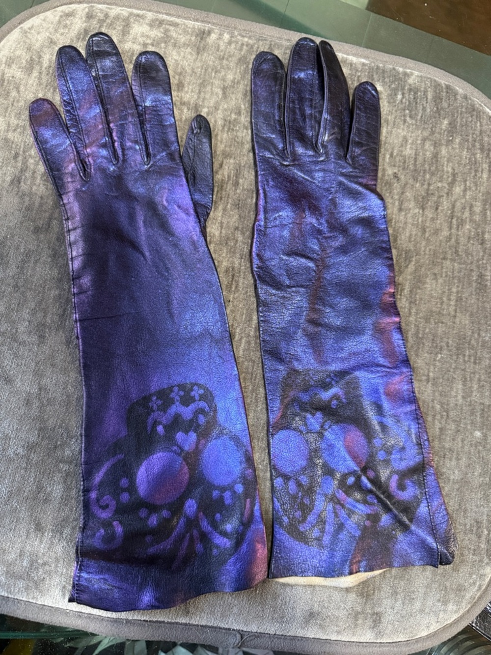 Long Purple Metallic Leather Gloves with Decorative Cuff Motif